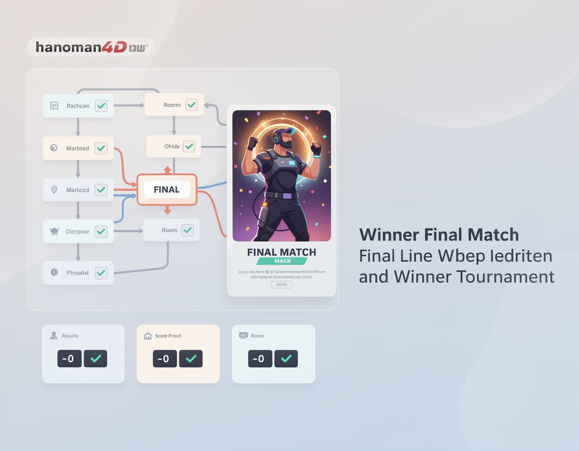 Ilustrasi recap final dan highlight pemenang untuk event game online hanoman4d dengan bracket, room match, dan bukti skor